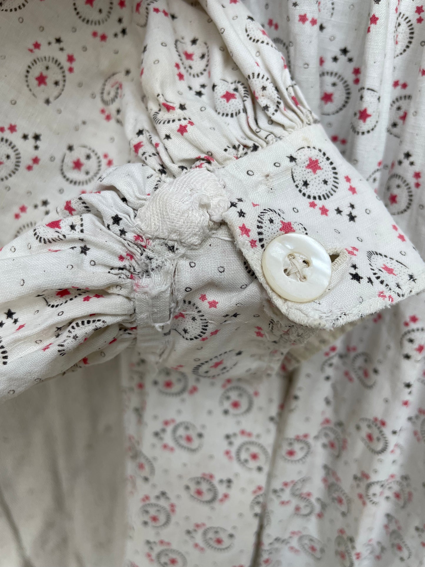 1890s Celestial Printed Calico Mutton Sleeve Wrapper Dress