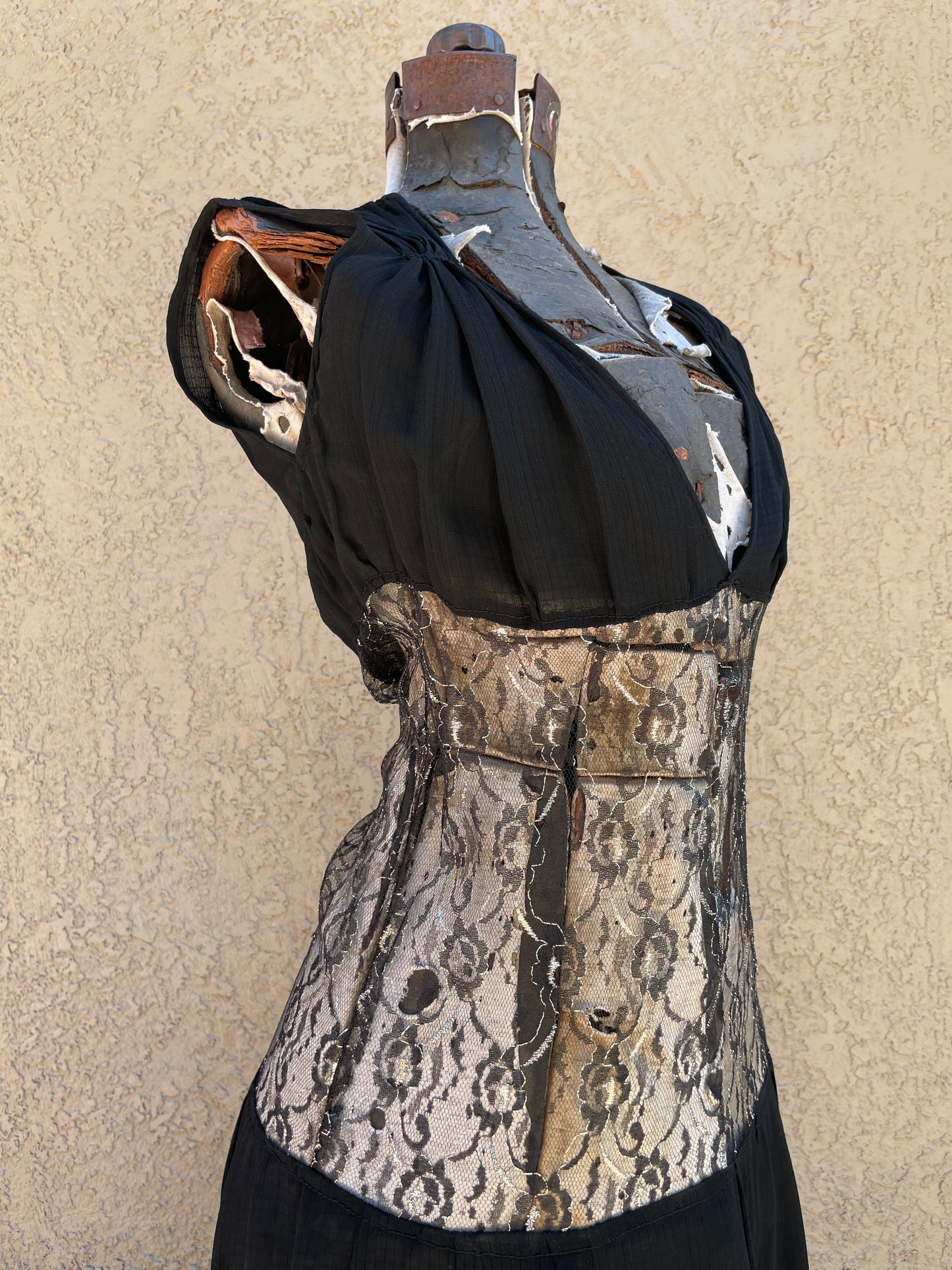 1930s Metallic Lace Sheer Midriff Gown
