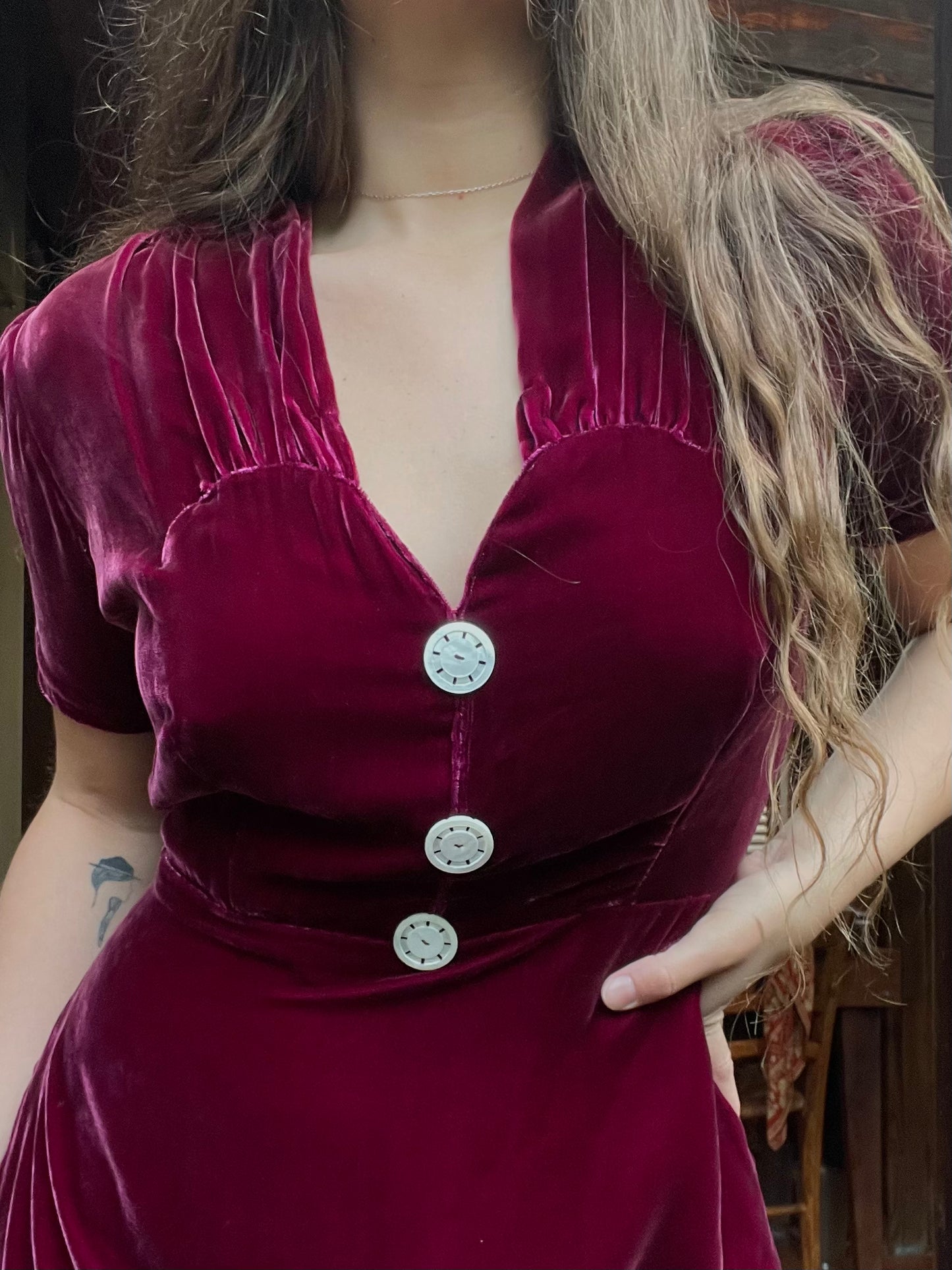 1930s Merlot Silk Velvet Ruched Midi Dress