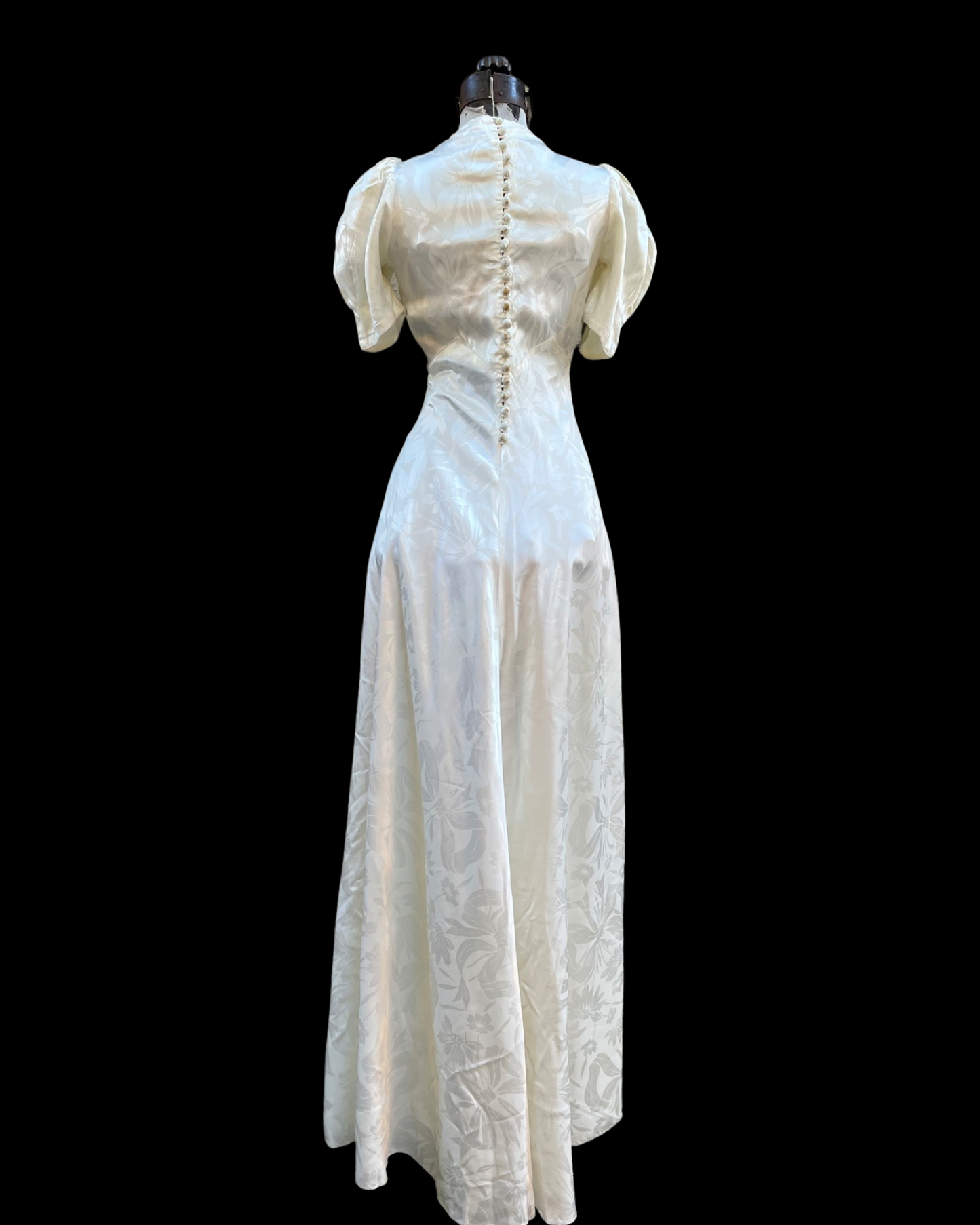 1930s Floral Bow Printed Rayon Satin Puff Sleeve Gown