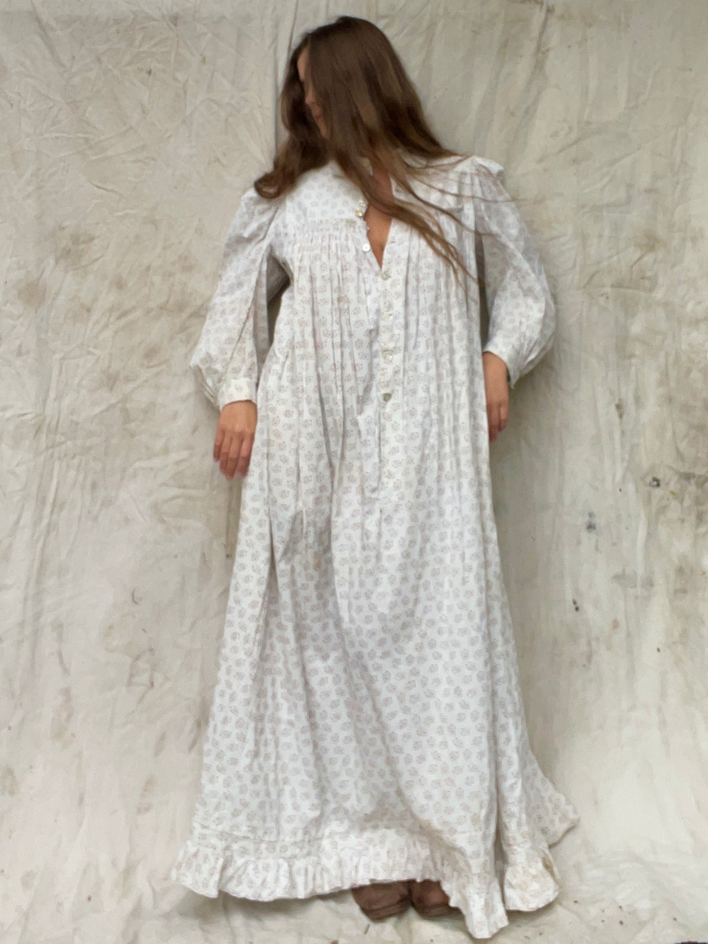 1890s Celestial Printed Calico Mutton Sleeve Wrapper Dress