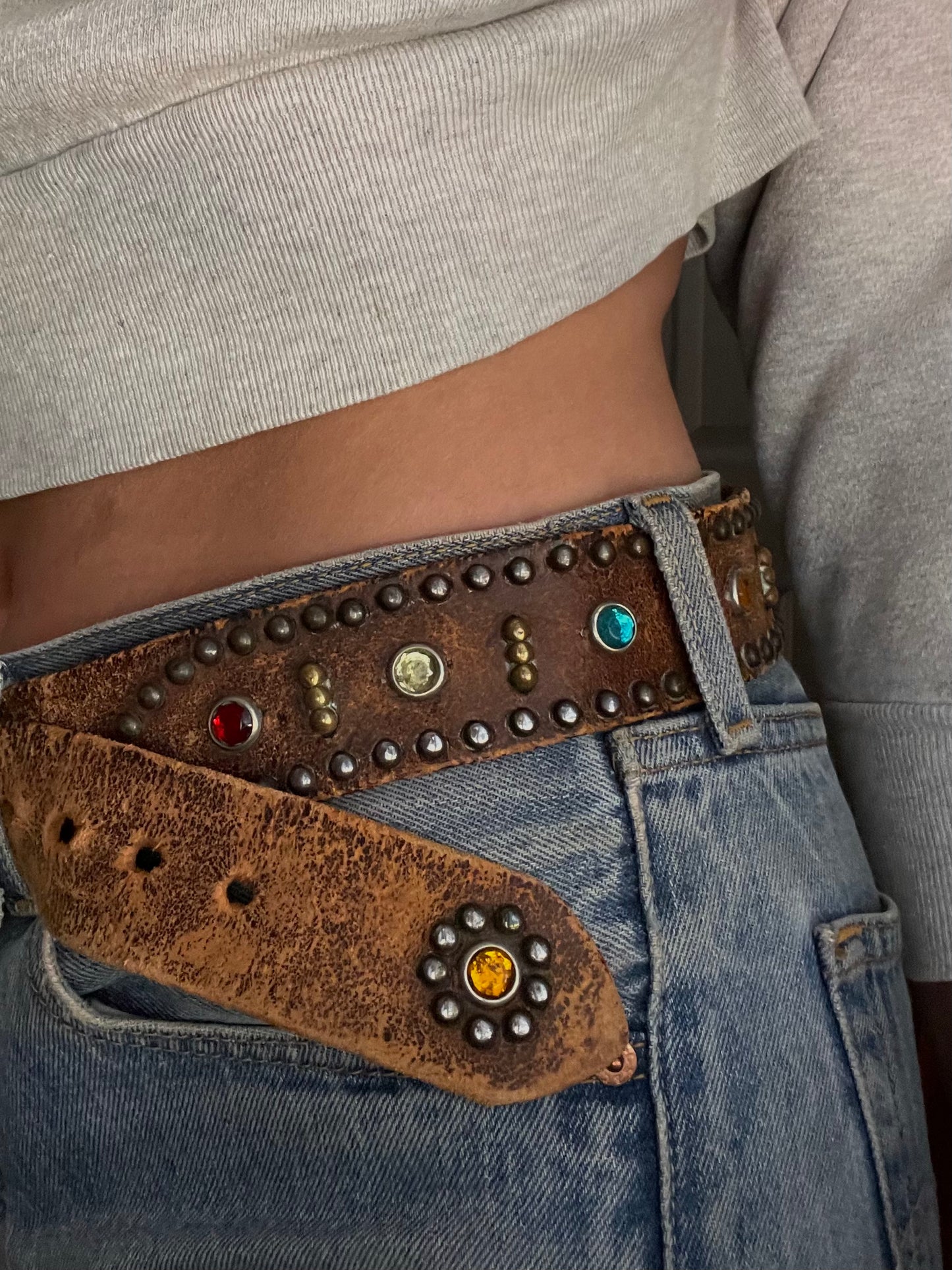 1940s Studded Rhinestone Leather Biker Belt