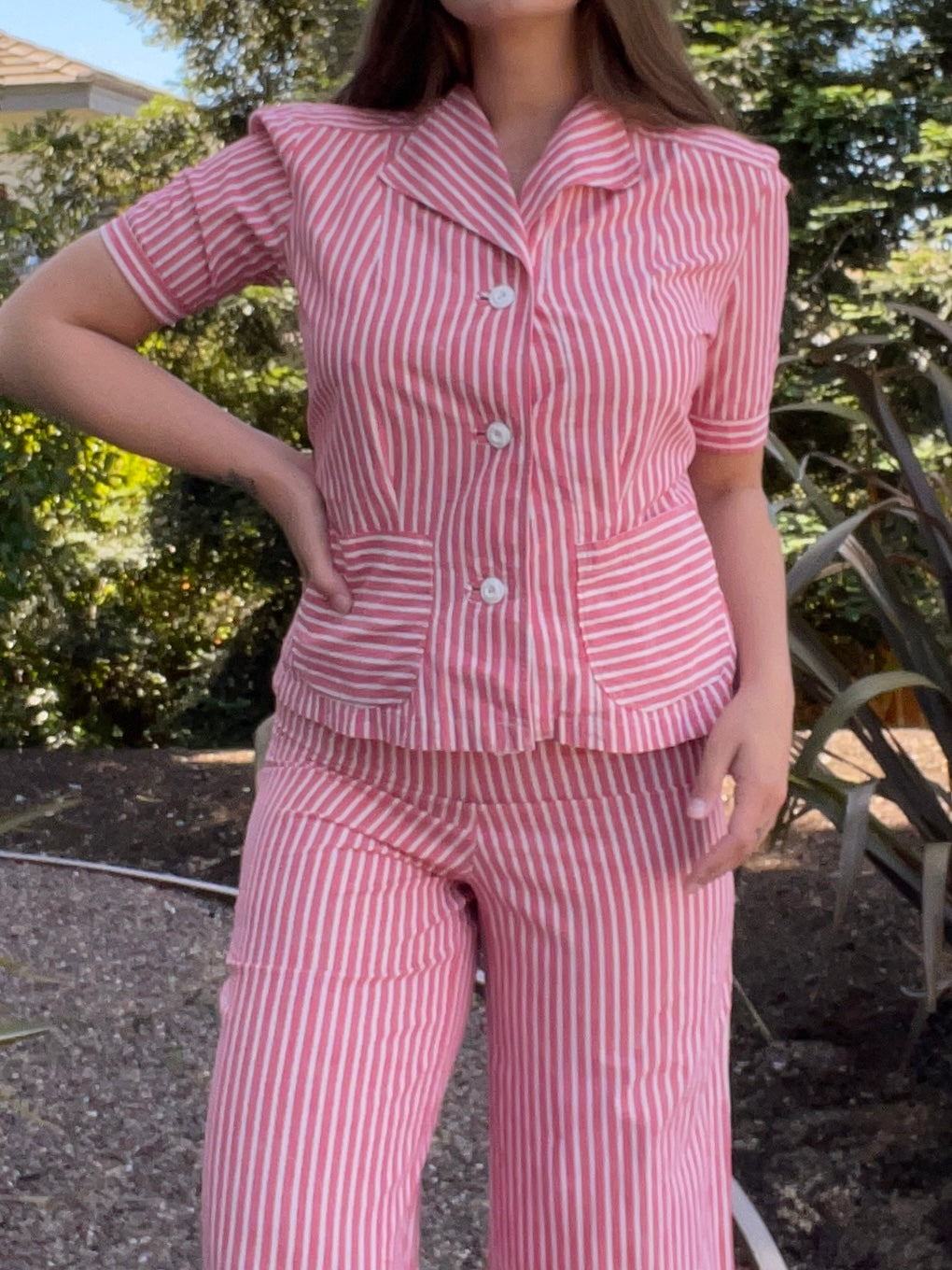 1940s Candy Striped Cotton 3 Piece Pant Set