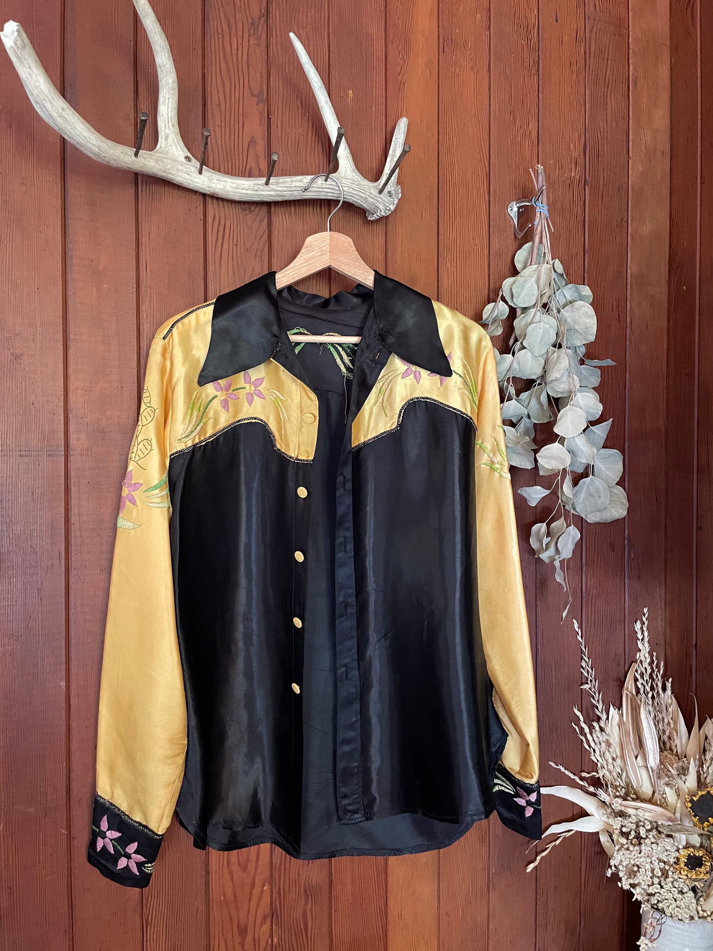 1940s Marigold Embroidered Satin Western Shirt