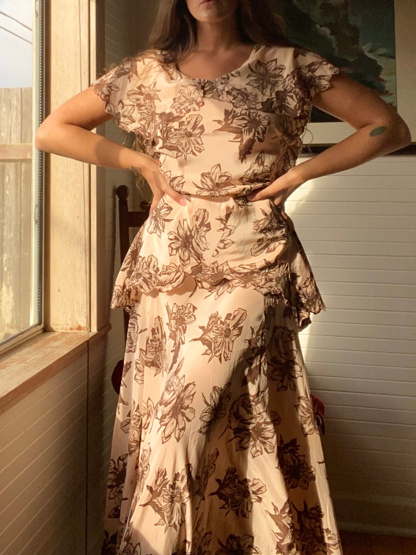 1930s Autumnal Tiered Silk Dress