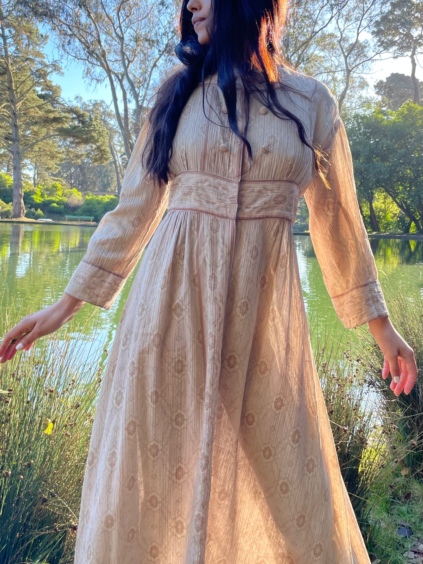 Edwardian Crinkle Crepe Floral Motif Soft Neutral Dressing Gown Tea Dress