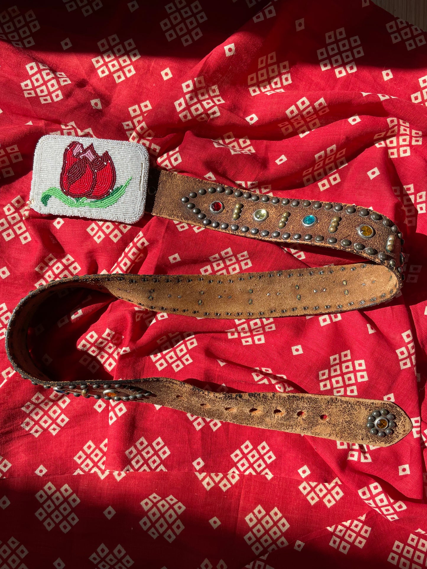 1940s Studded Rhinestone Leather Biker Belt