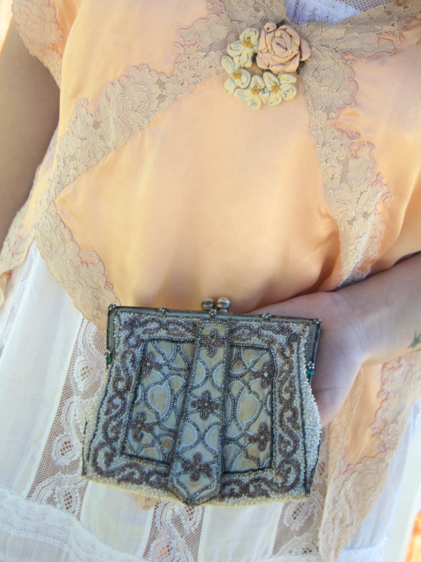 Antique Edwardian Novelty Micro Beaded Cherub Purse W* Strap