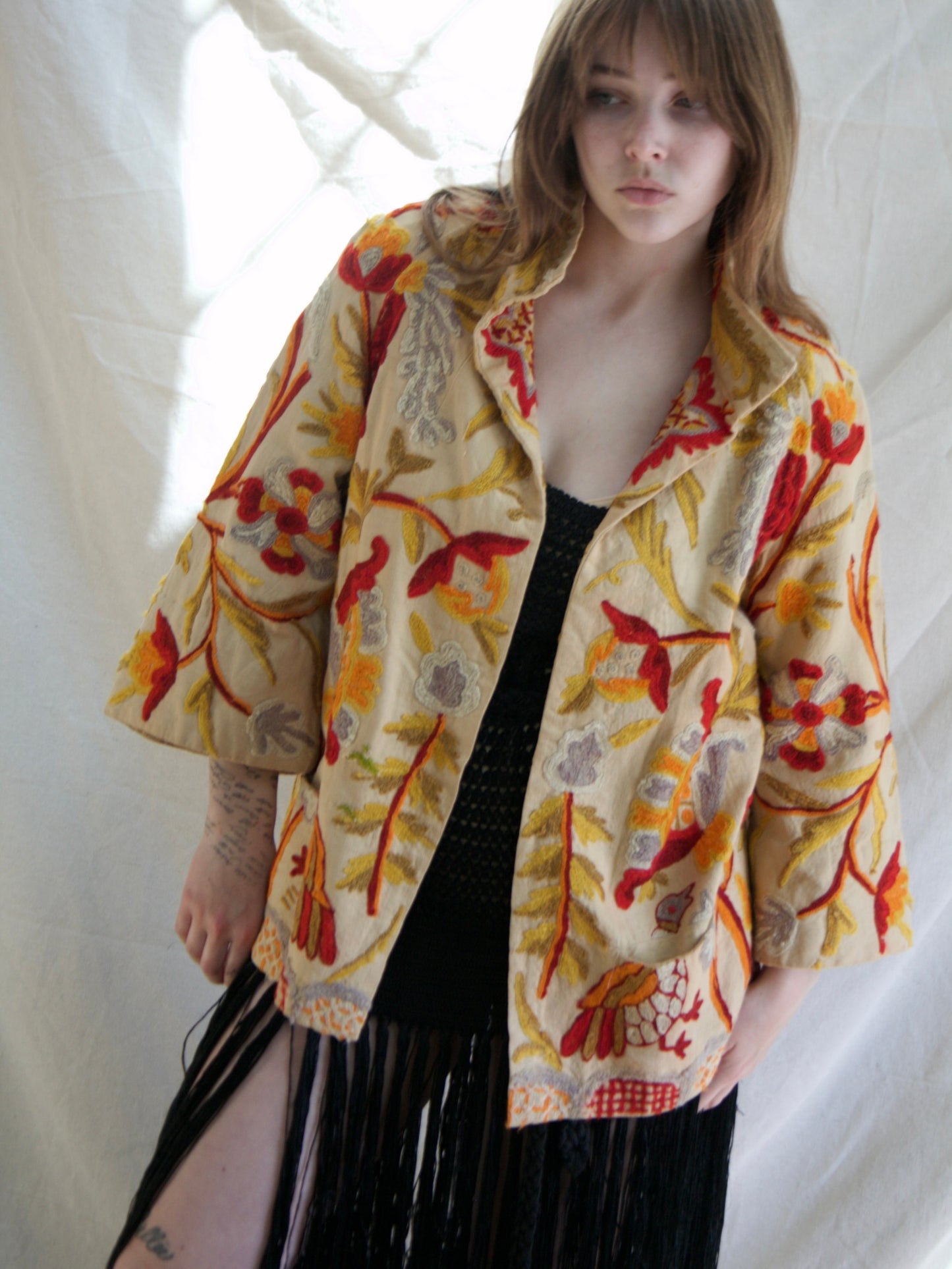 Antique 1920s/1930s Crewelwork Linen Jacket  Handmade in India