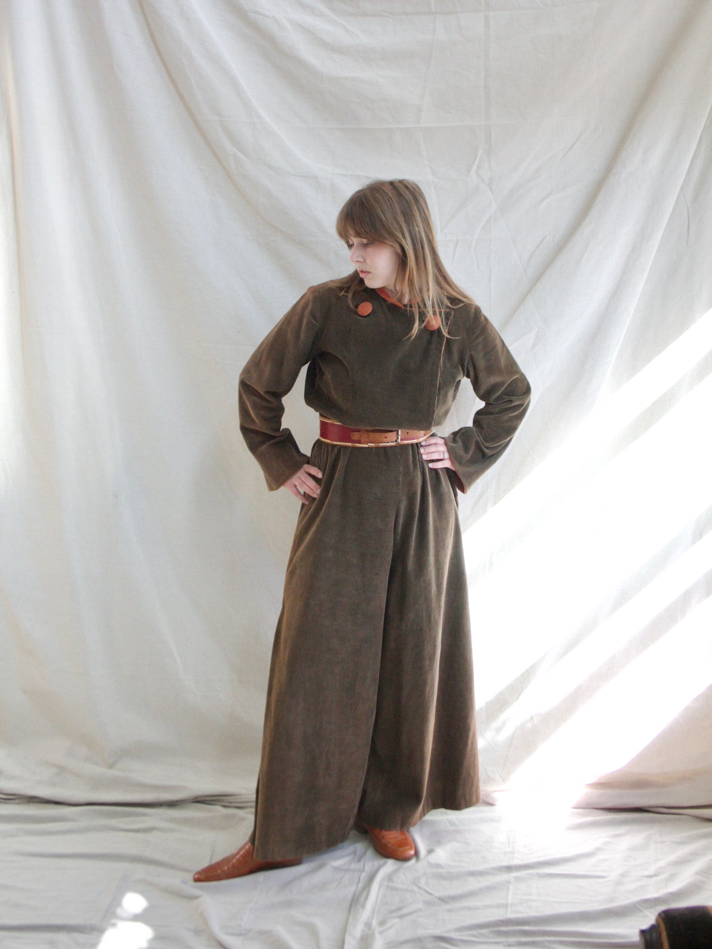 Rare 1930s Wide Wale Corduroy Convertible Bodice Palazzo Jumpsuit