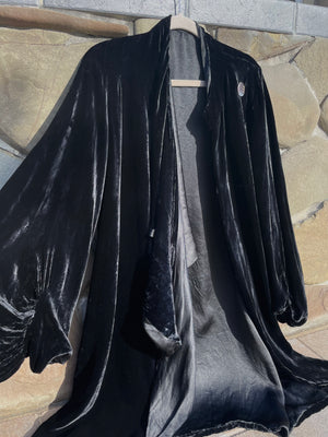 1920s Asymmetrical Collar Noir Silk Velvet Coat