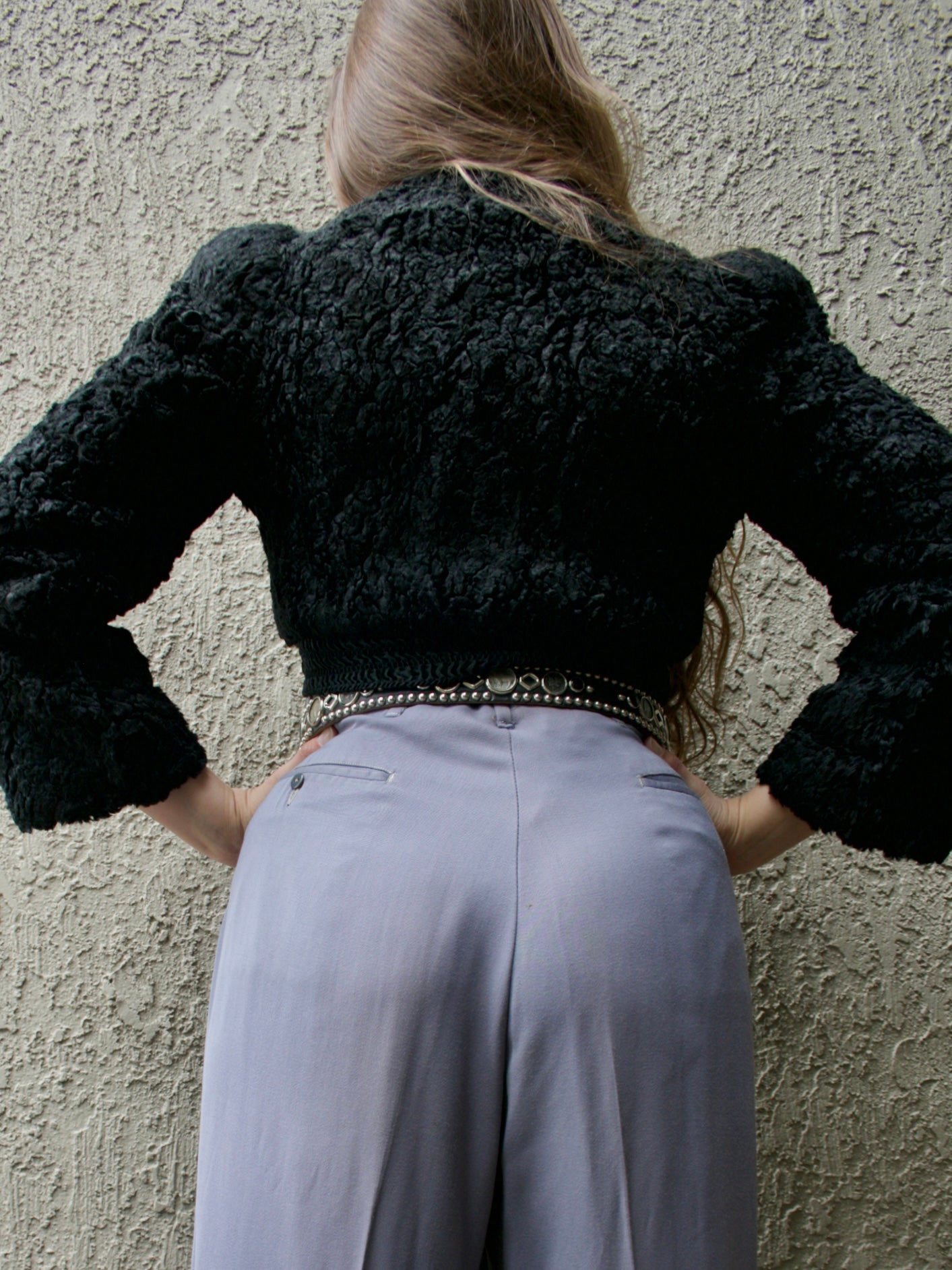 1940s Curly Lamb Cropped Strong Shoulder Jacket