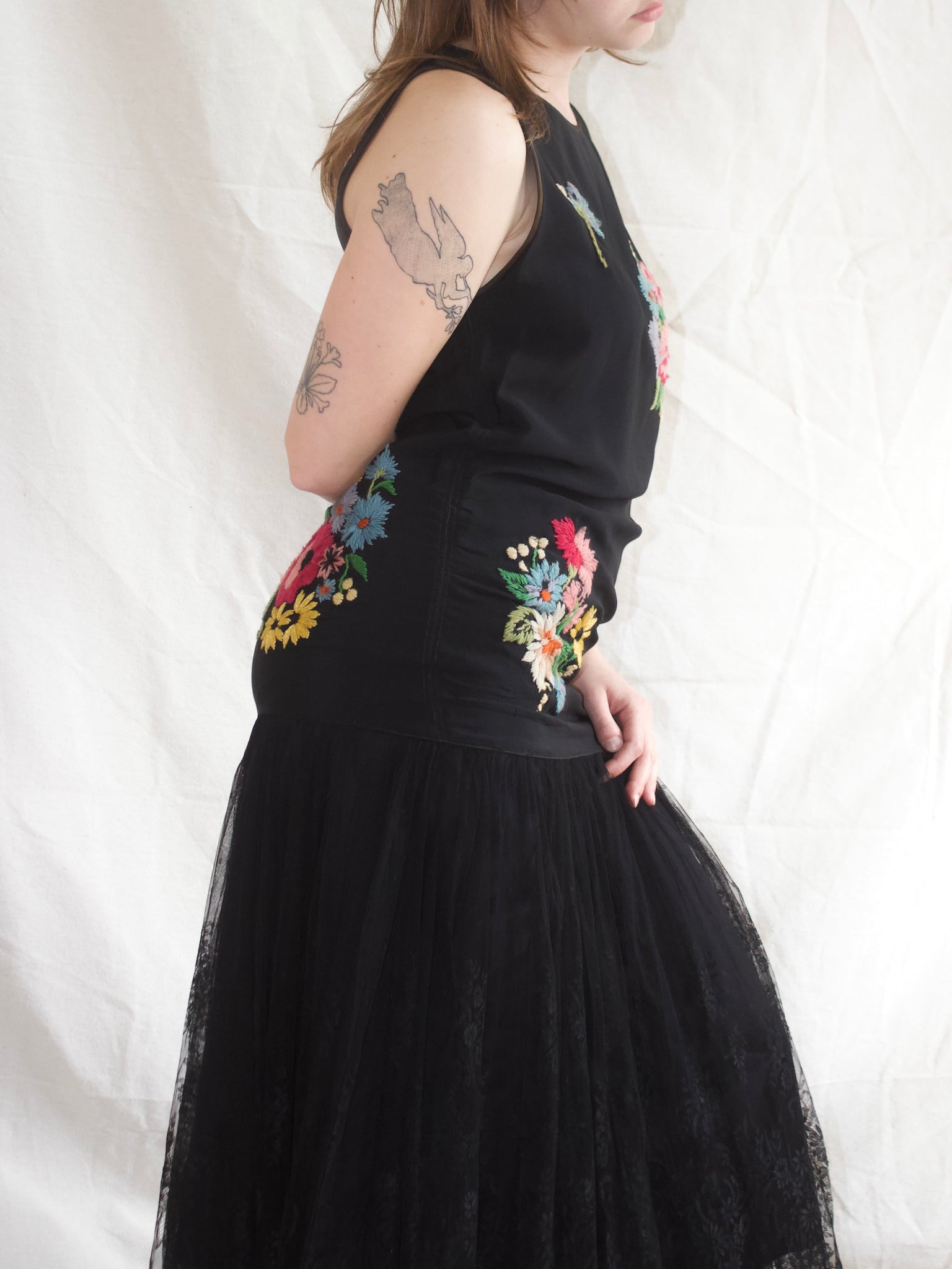 1920s Wool Embroidered Florals Silk & Chantilly Lace Drop Waist Gown