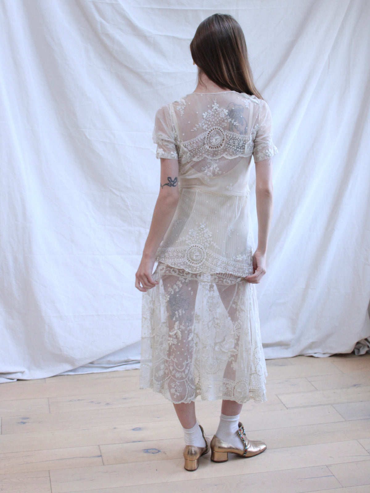 Antique Embroidered Tambour Lace Net Overlay Tea Length Gown