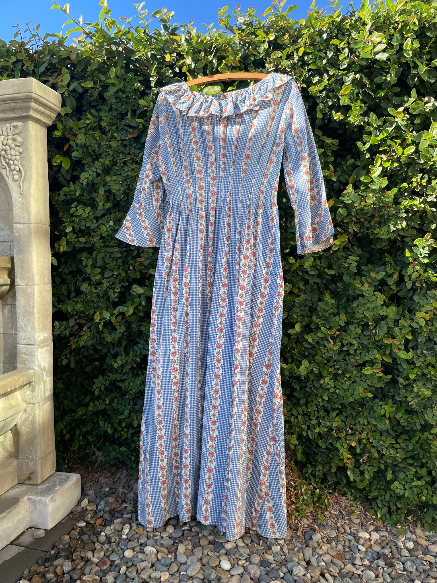 1930s Feedsack Ruffle Neckline Striped Floral Floor Length Dressing Gown
