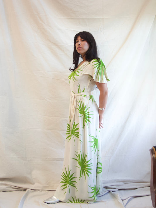 1940s Strong Shoulder Lime Green Palm Print Silk Crepe Dress