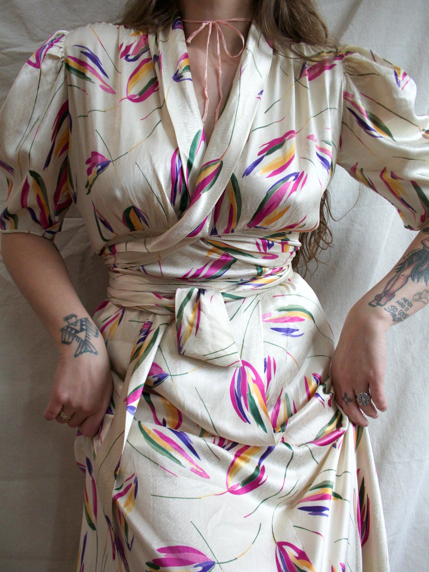 1930s Painterly Tulip Print Heavy Silk Tie Waist Trained Gown