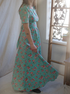 1940s Puff Sleeve Floral Cotton Tie Waist Floor Length Dress * Heart Pockets