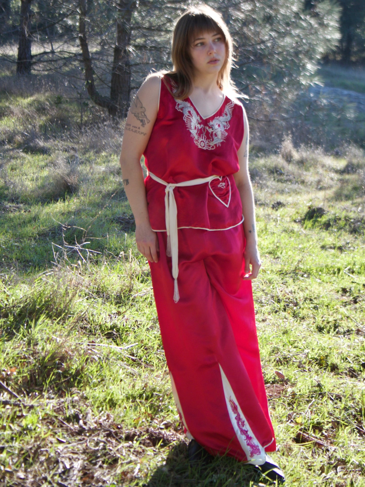 Antique 1920s Satin Embroidered 2 PC Chinese Lounge Palazzo Pant Set