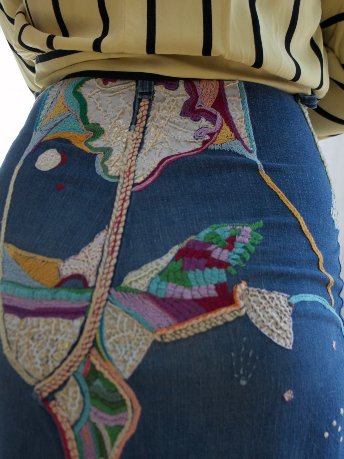 Hand Made 1977 Dated Embroidered Denim Hippie Skirt