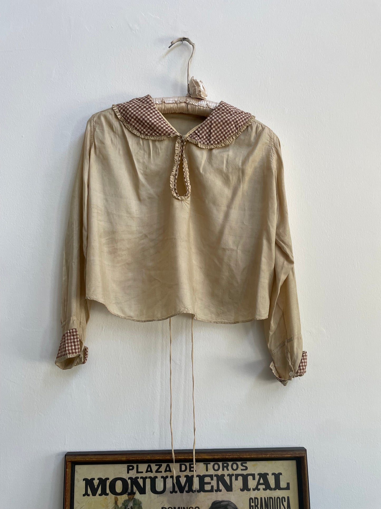 1910s/1920s Pongeee Silk & Gingham Trim Sailor Collar Blouse