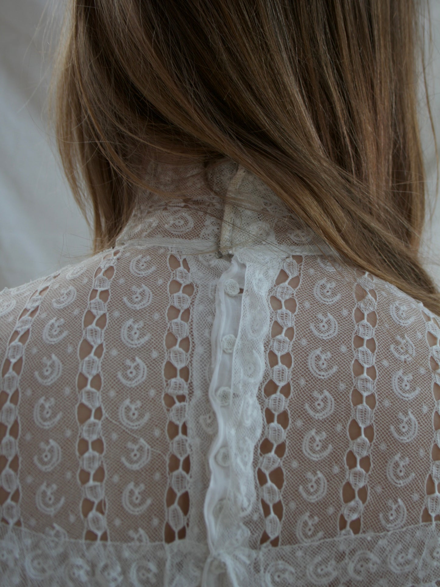 Antique Turn Of The Century Batiste Cotton Inset Lace Trained Mutton Gown