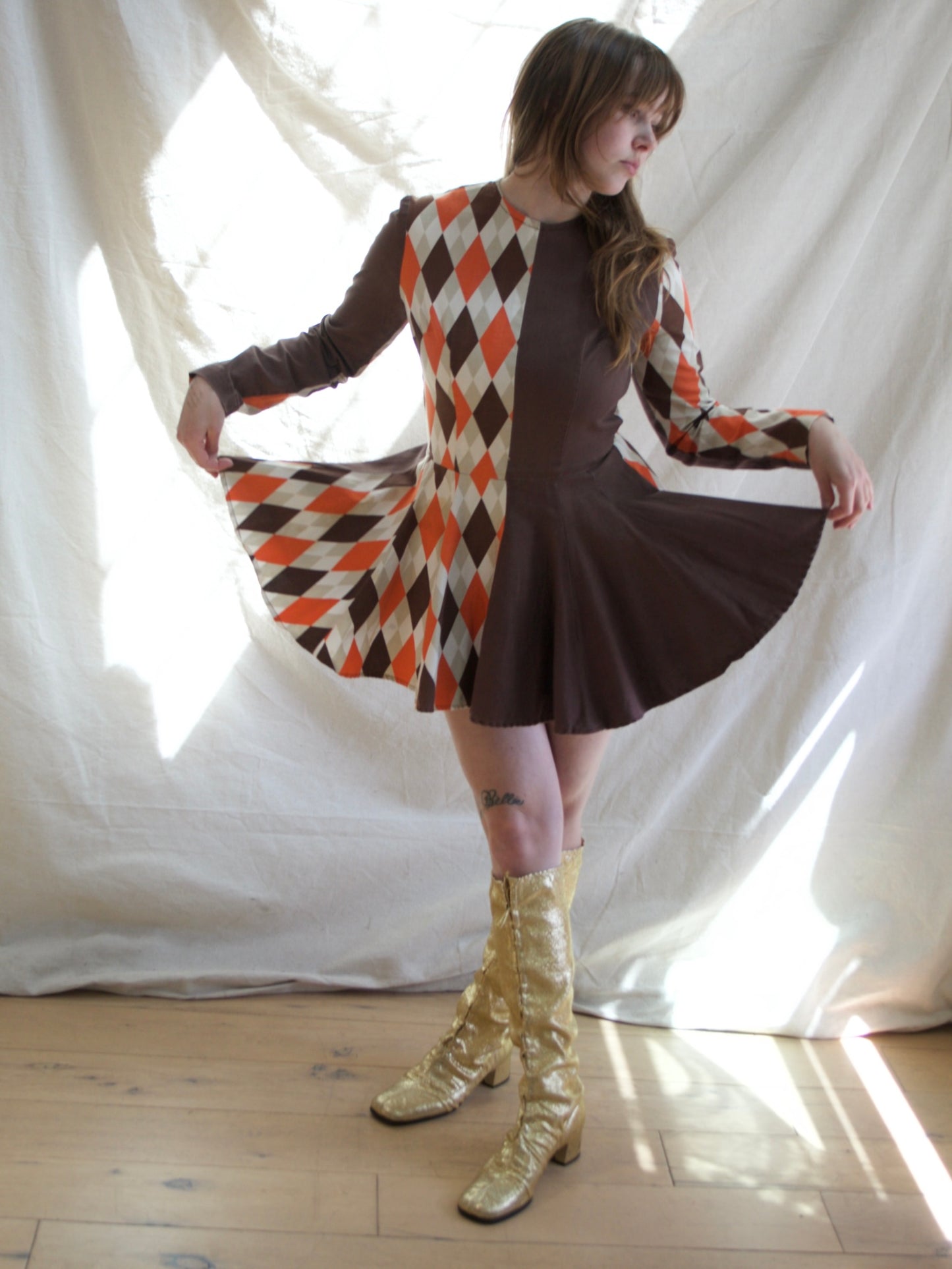 1950s Harlequin Printed Cotton Twill Skater Mini Dress