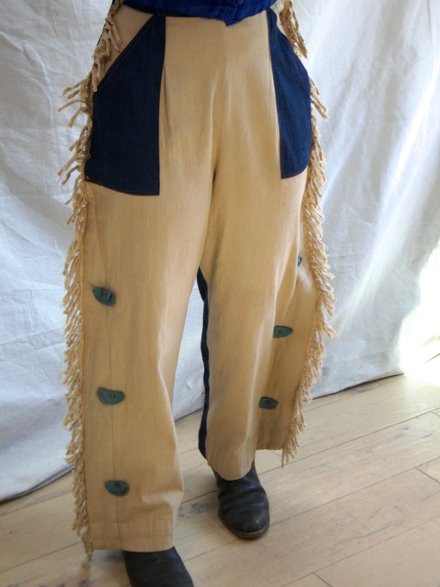 RARE 1940s Western Side Button Two Tone Built-in Chaps Fringe Denim
