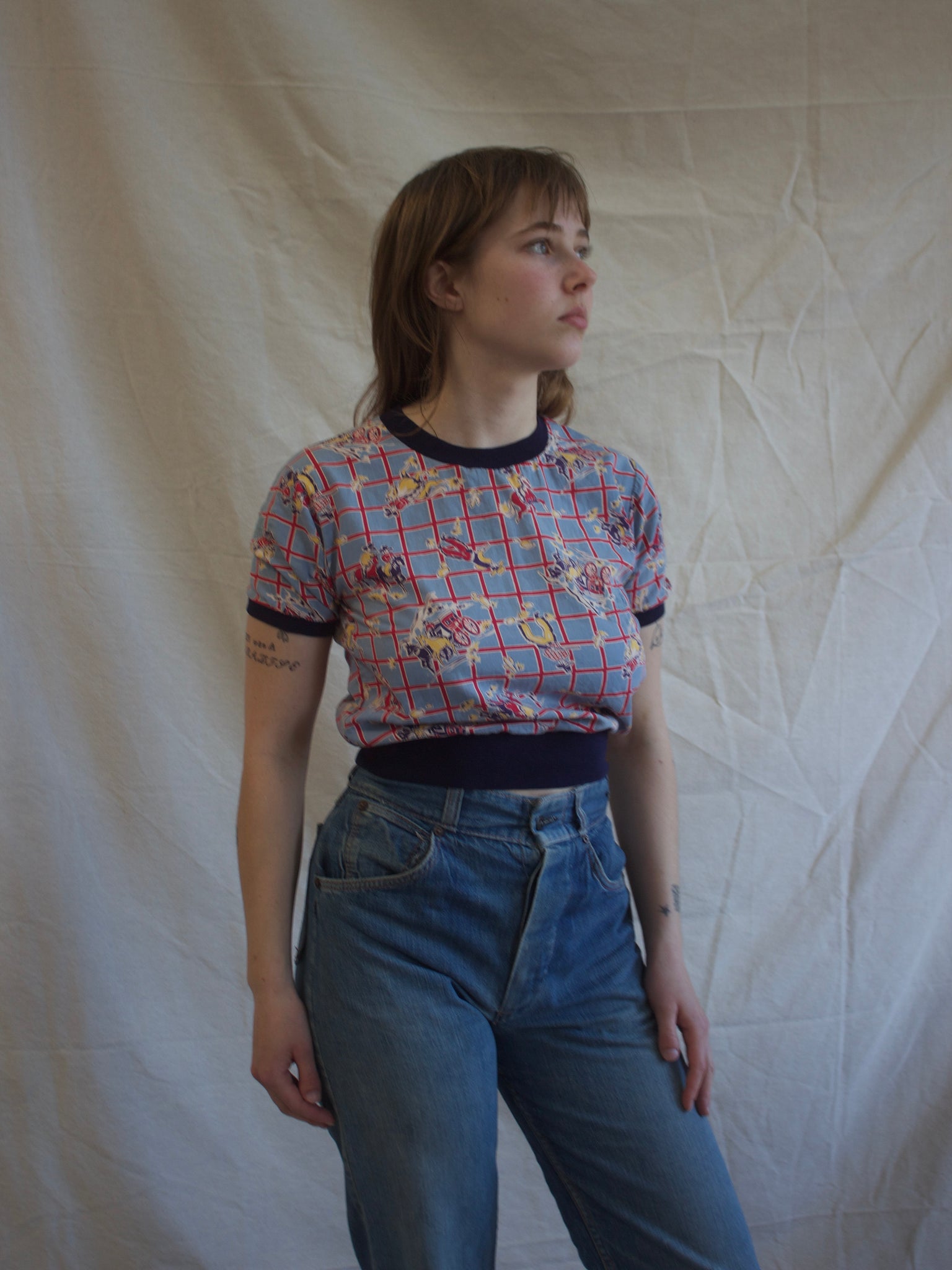 1950s Jim Penney Cowboy Print Cotton Cropped Blouse