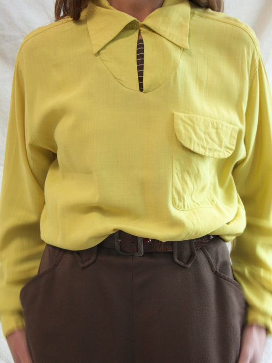 Rare 1950s Vibrant Chartreuse Smocked Gaucho Loop Collar Shirt