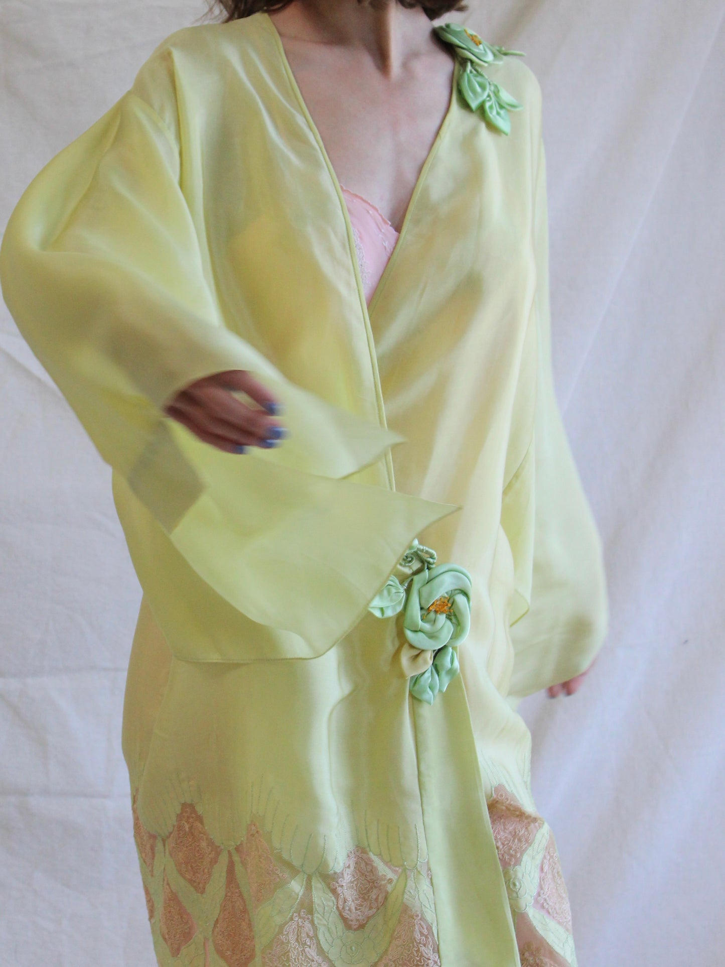 Antique 1920s Vibrant Chartreuse Silk Ribbon-work Kimono Sleeve Boudoir Robe