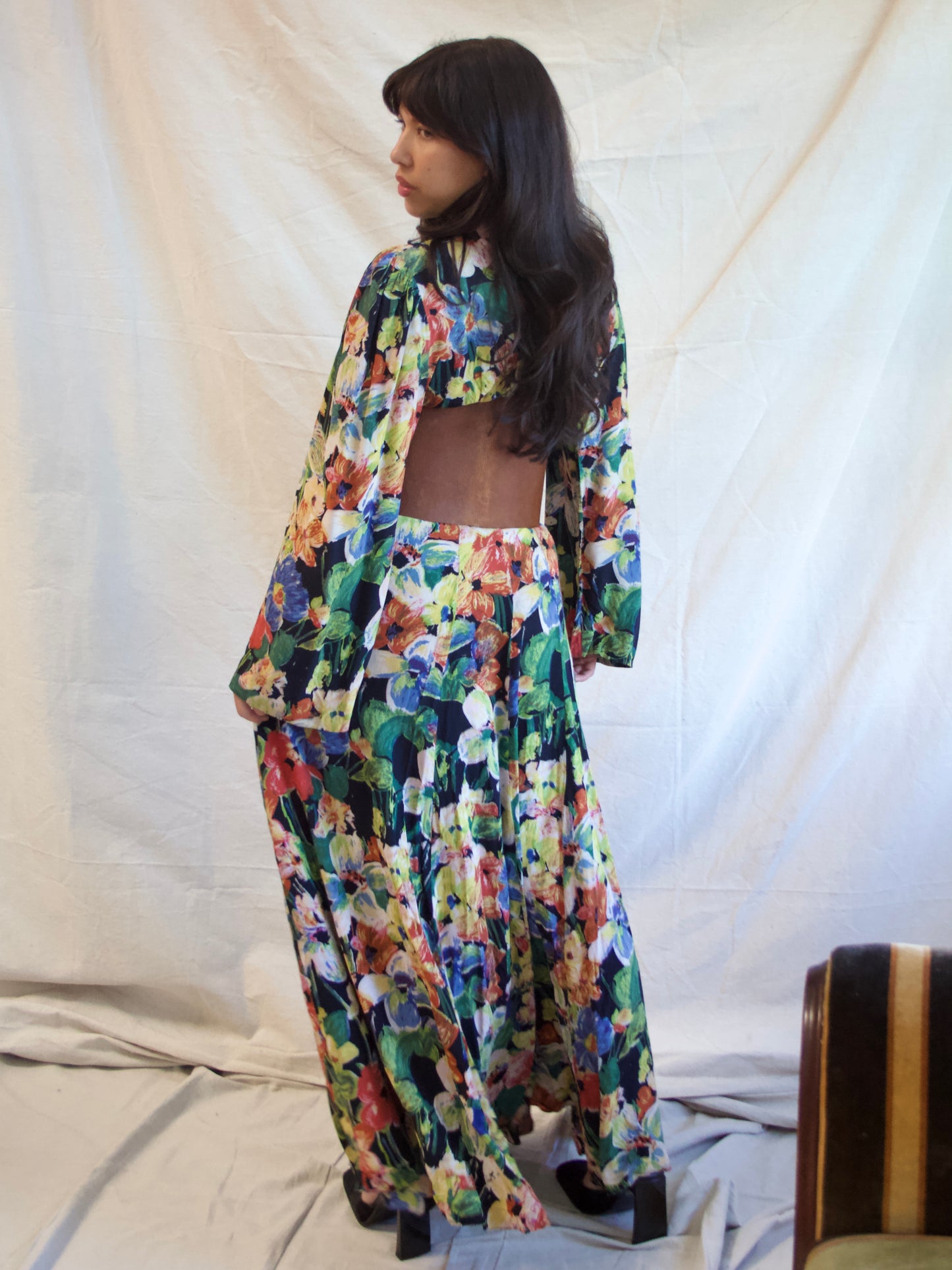 1930s Zip Front Puff Bell Sleeve Floral Silk Crepe Dress