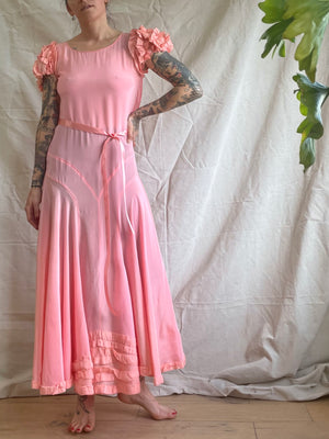 1920s/1930s Shocking Pink Ruffled Puff Sleeve Dress