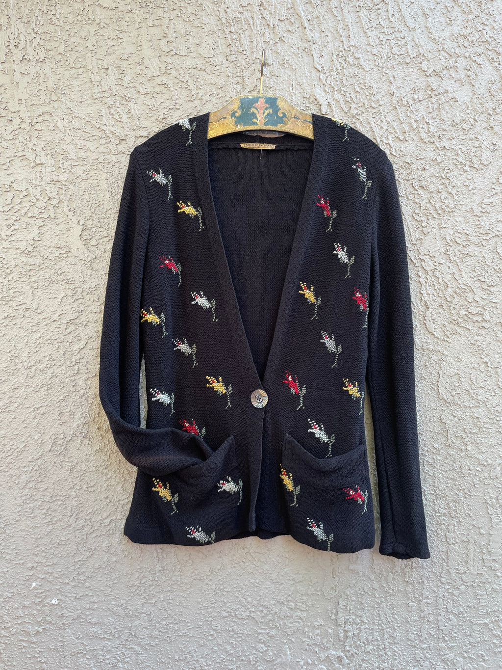 1920s Belgian Cotton Knit Hand Embroidered Floral Pocket Cardigan