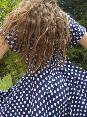 1940s Indigo Polka Dot Seersucker Zip Front House Dress