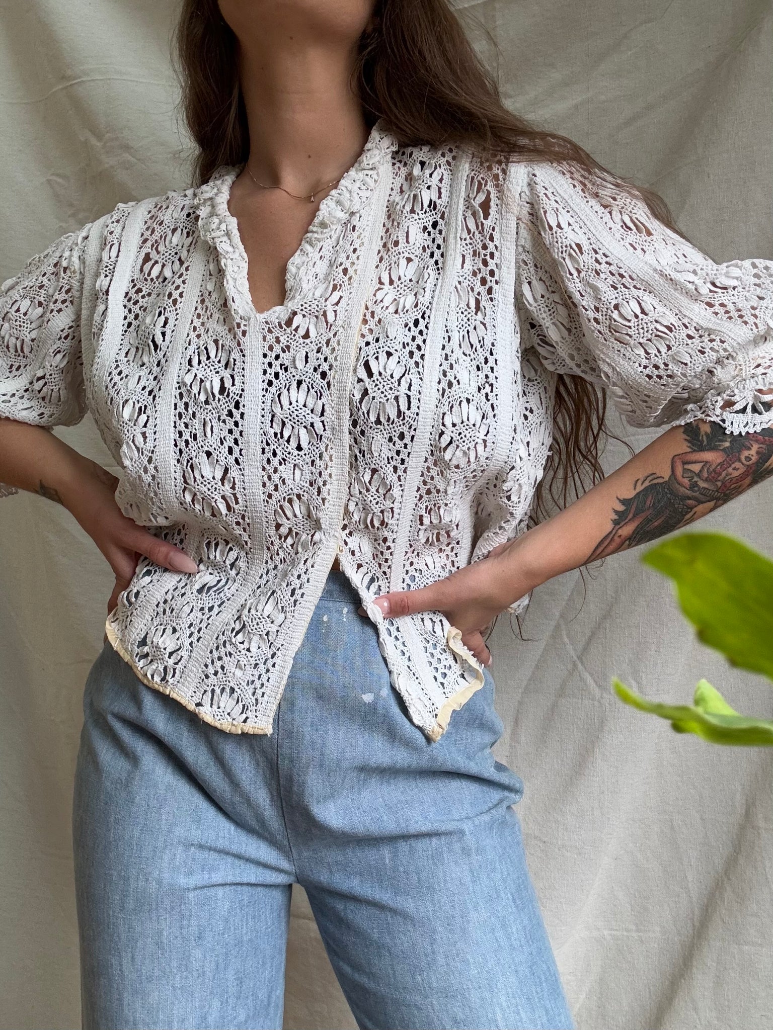 1890s-1900s Hand Done Crochet Bishop Sleeve Blouse