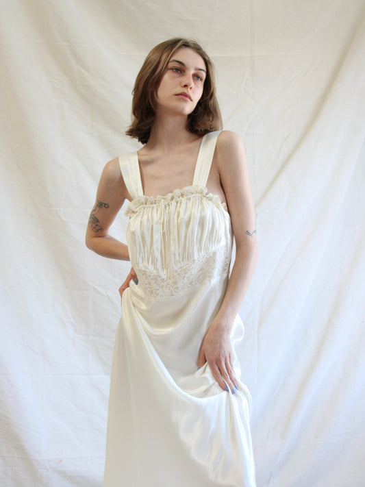 1940s Lace & Ivory Liquid Satin Ruffle Trim Bias Cut Slip Dres