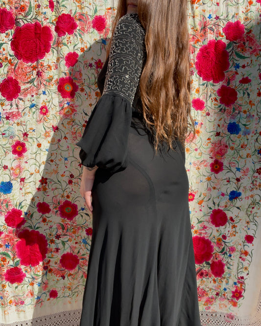 1930s Deco Jet Black Silk Crepe Glass Beaded Bishop Sleeve Dress