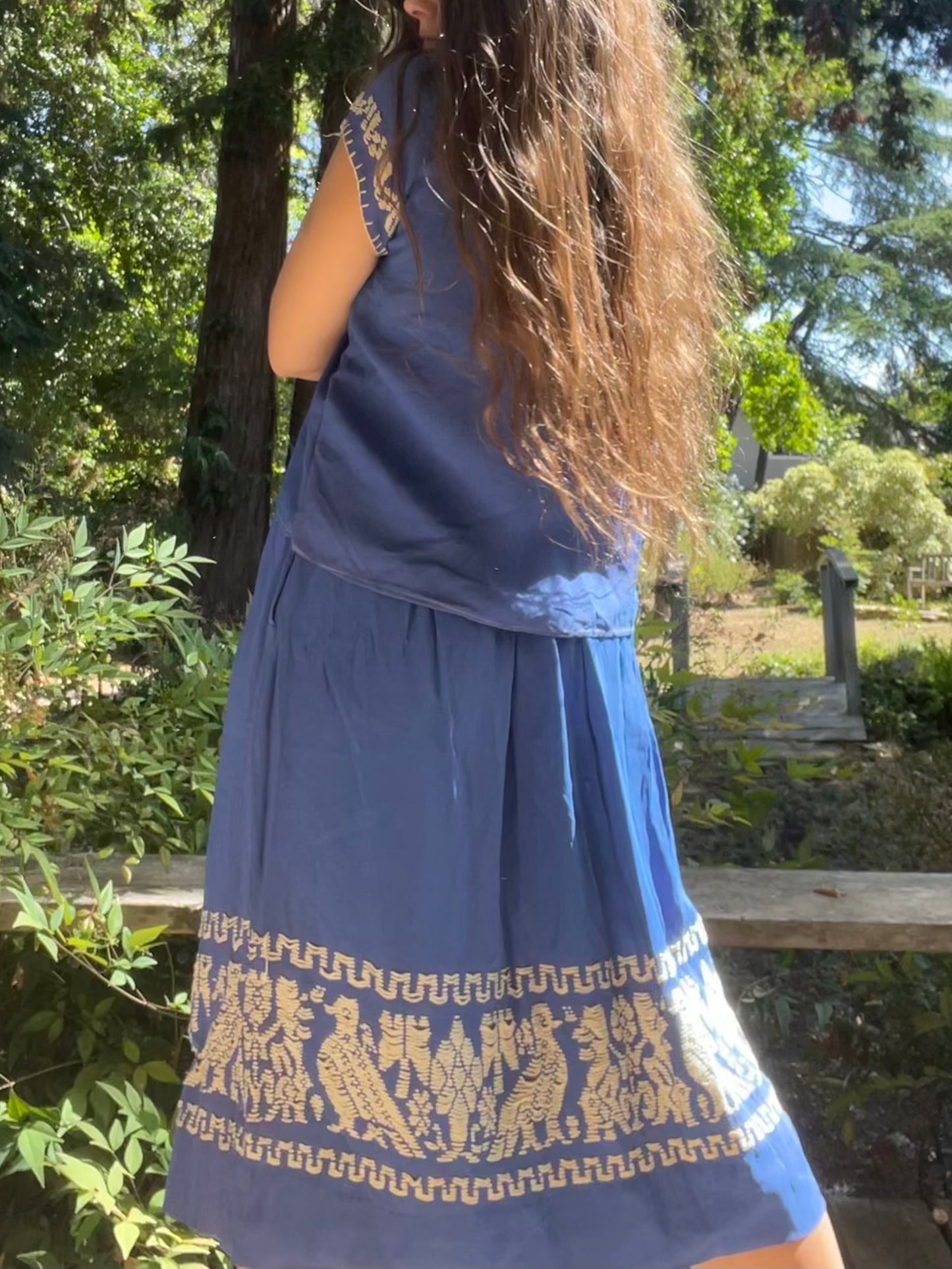 1940s Two Piece Embroidered Rayon Crepe Cobalt Skirt Blouse Set