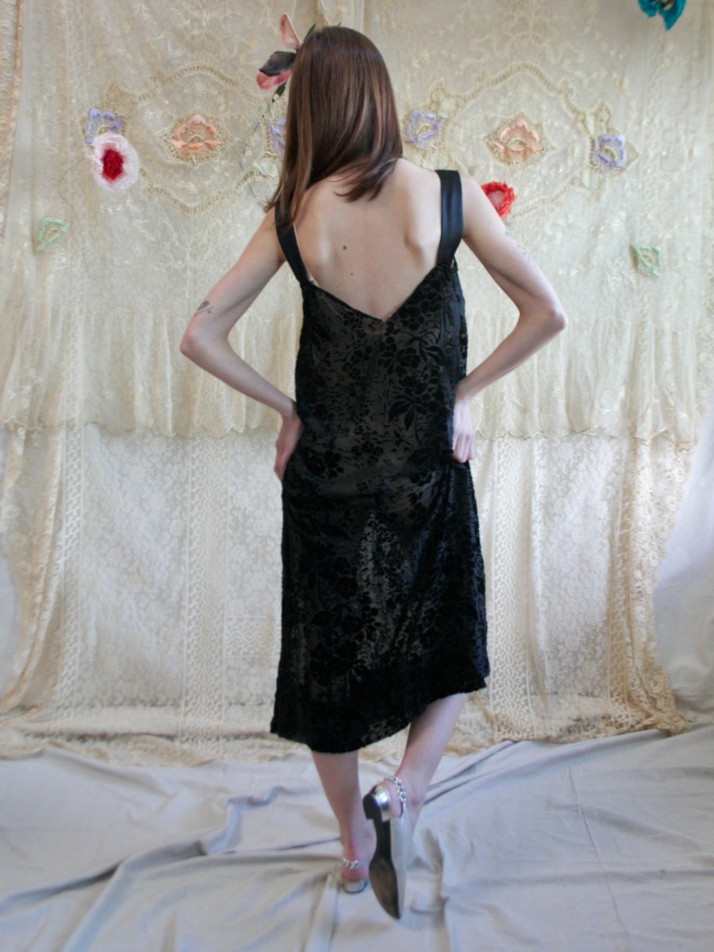 Antique 1920s Ink Devore Velvet Slip Dress