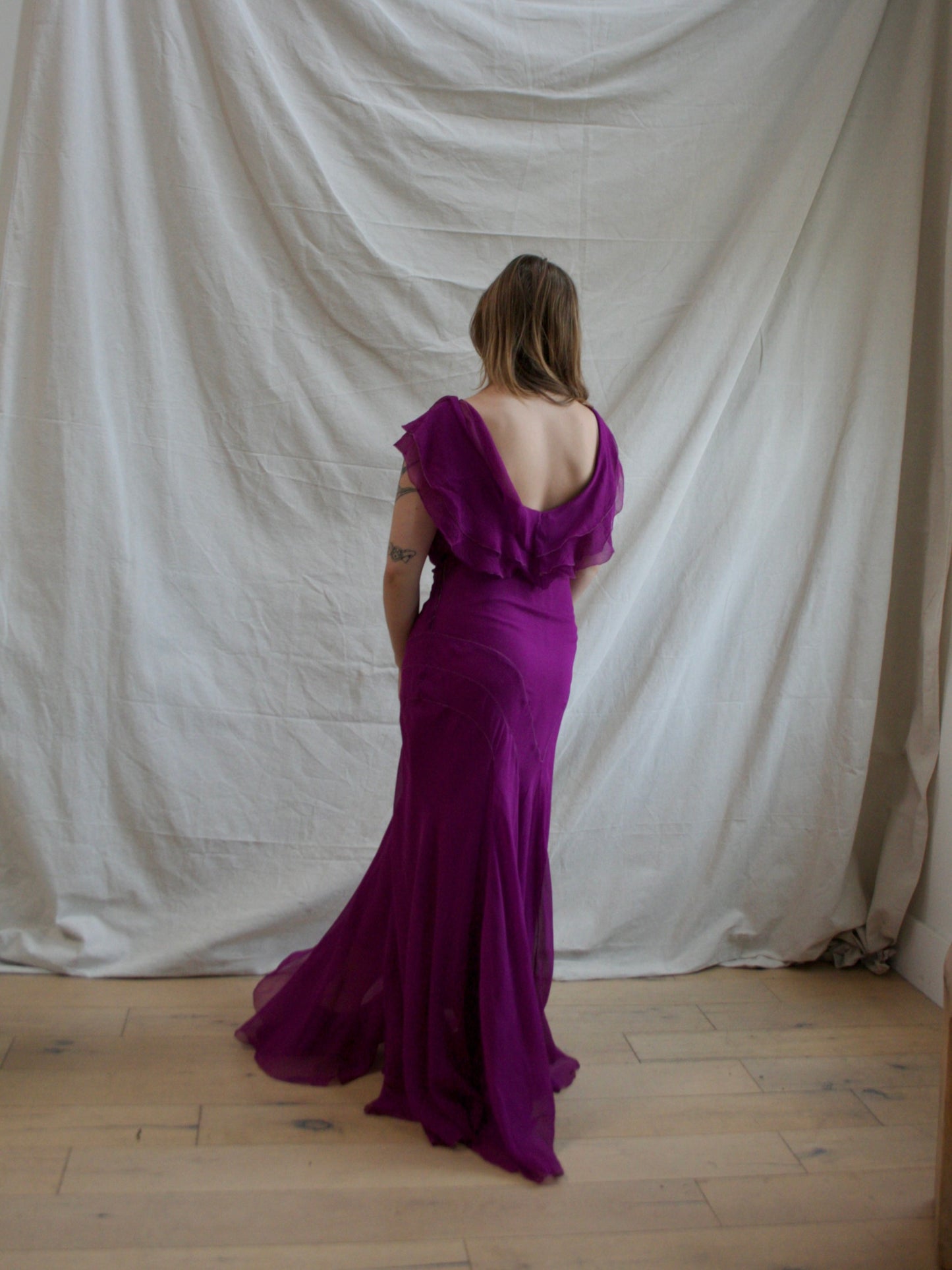 1930s Crinkle Chiffon Silk Fuchsia Plum Bias Cut Gown