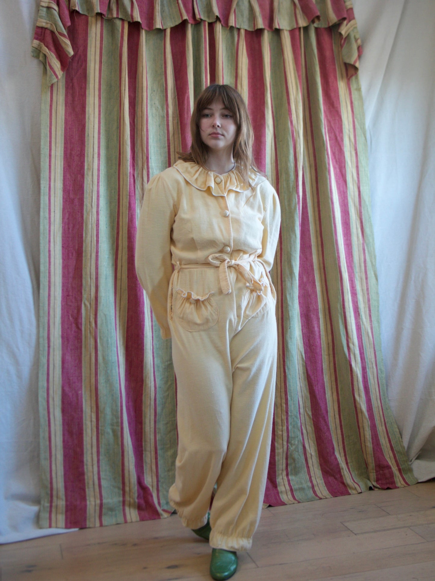 1940s Butter Yellow Soft Flannel Ruffle Trim Lounge Jumpsuit