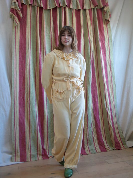 1940s Butter Yellow Soft Flannel Ruffle Trim Lounge Jumpsuit