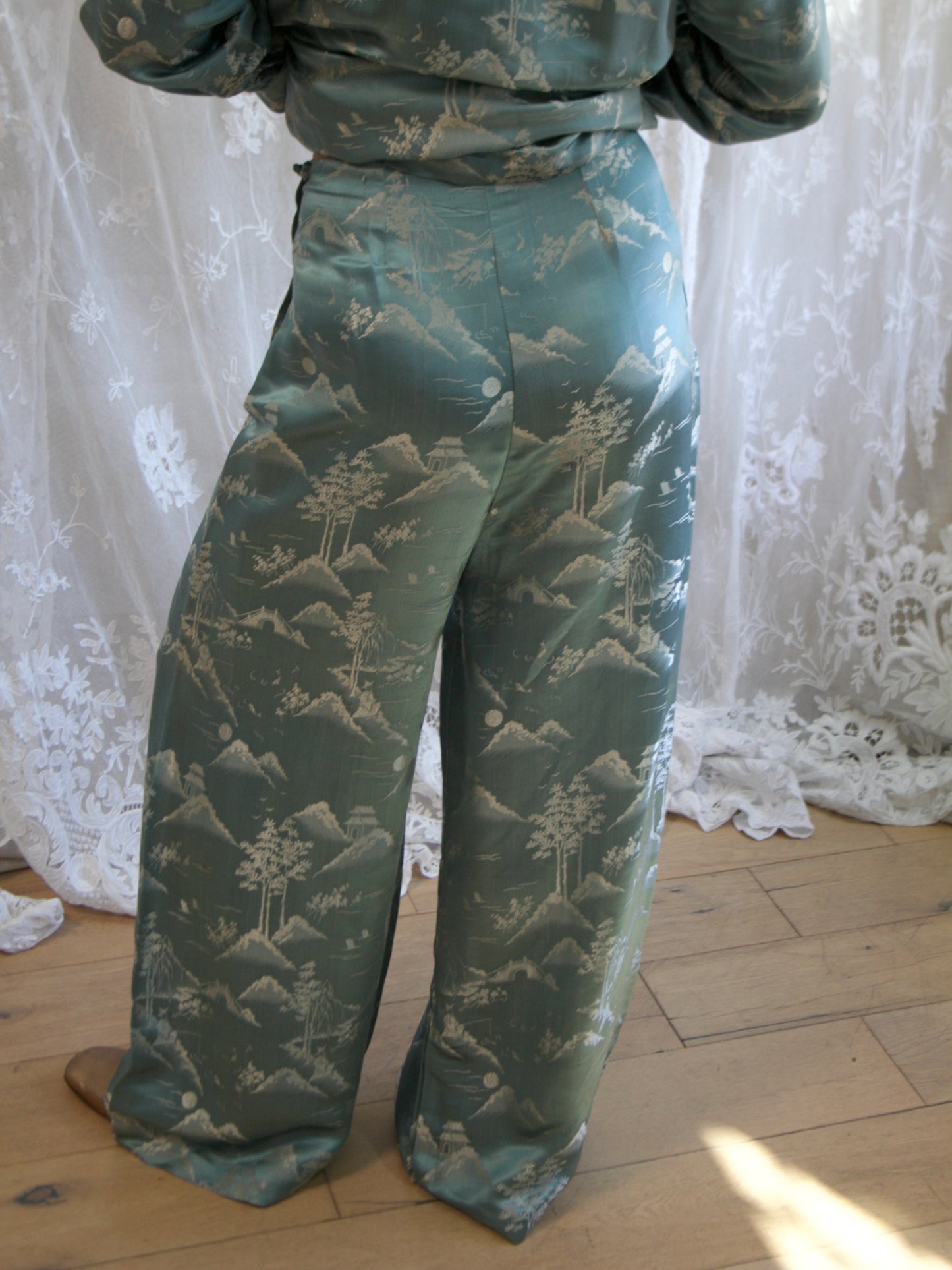 1930s Cornflower Blue Silk Jacquard 2 PC Palazzo Pant Tunic Set