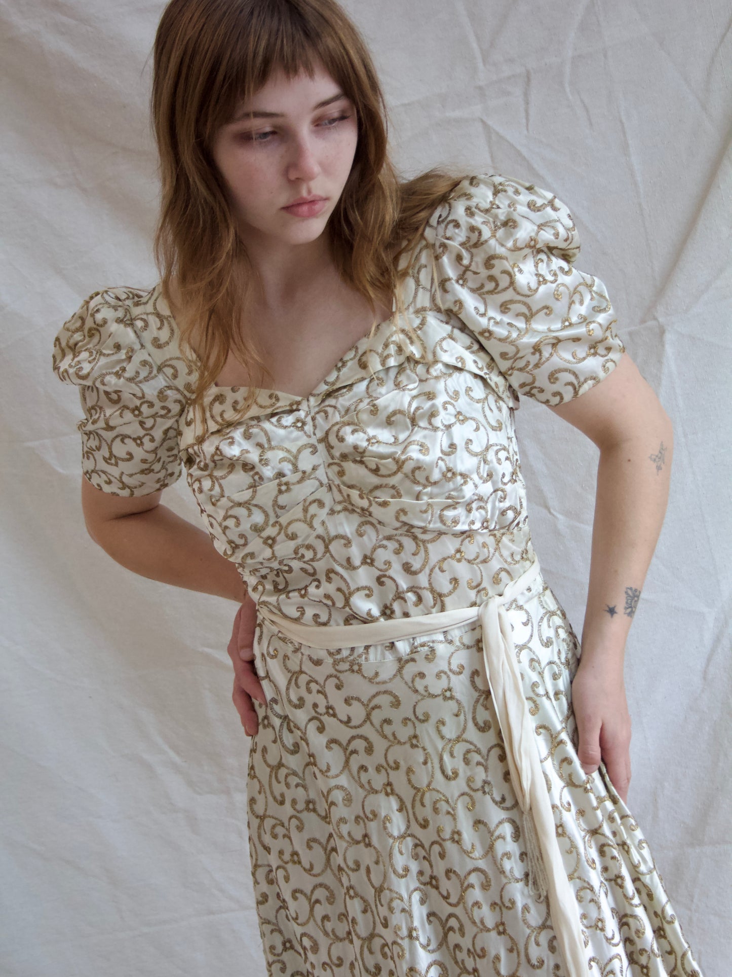 1930s Candlelight Silk Satin Lamé Embroidered Puff Sleeve Sweetheart Gown