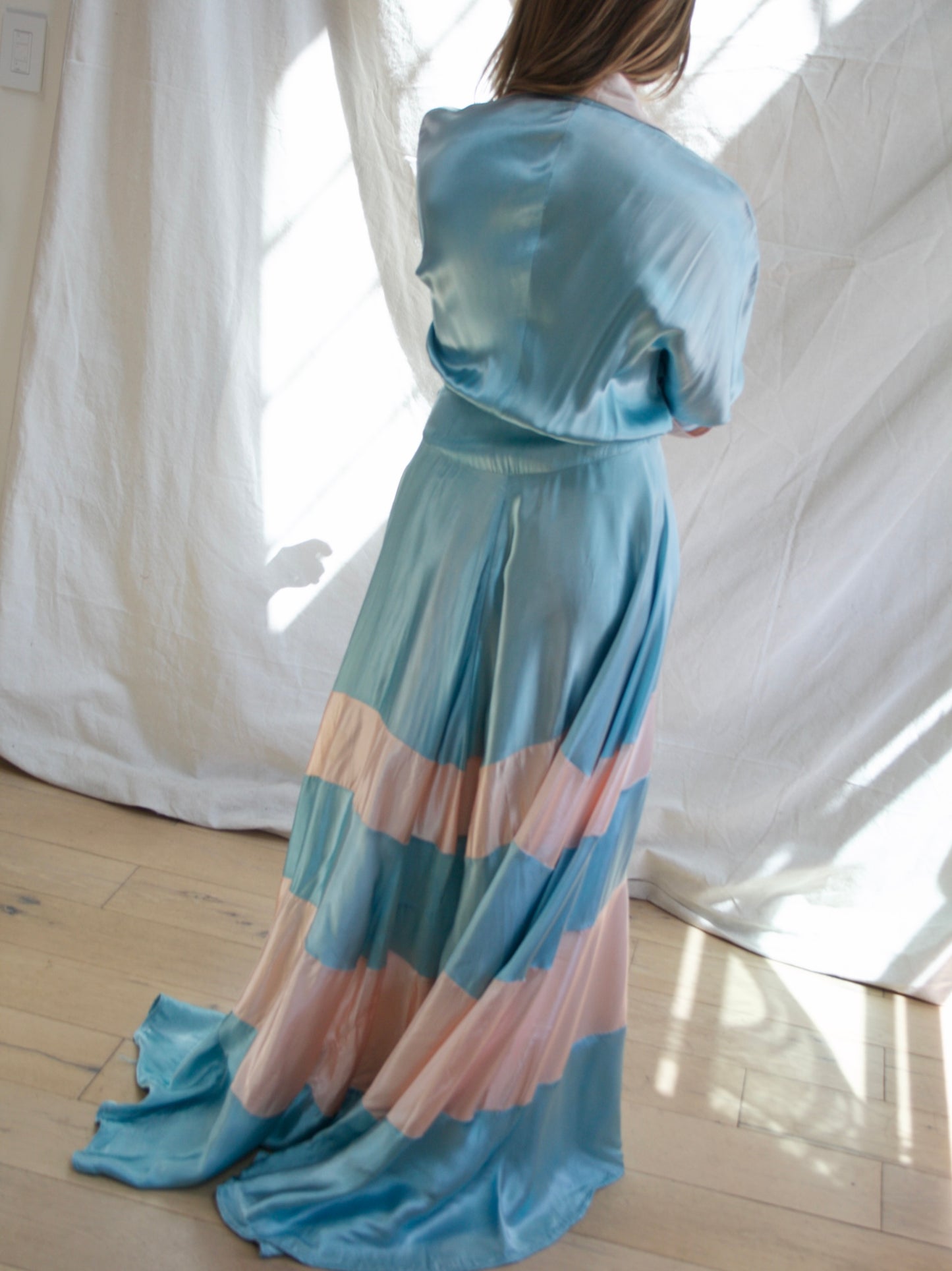 1940s Trained Candy Colored Liquid Rayon Satin Gown