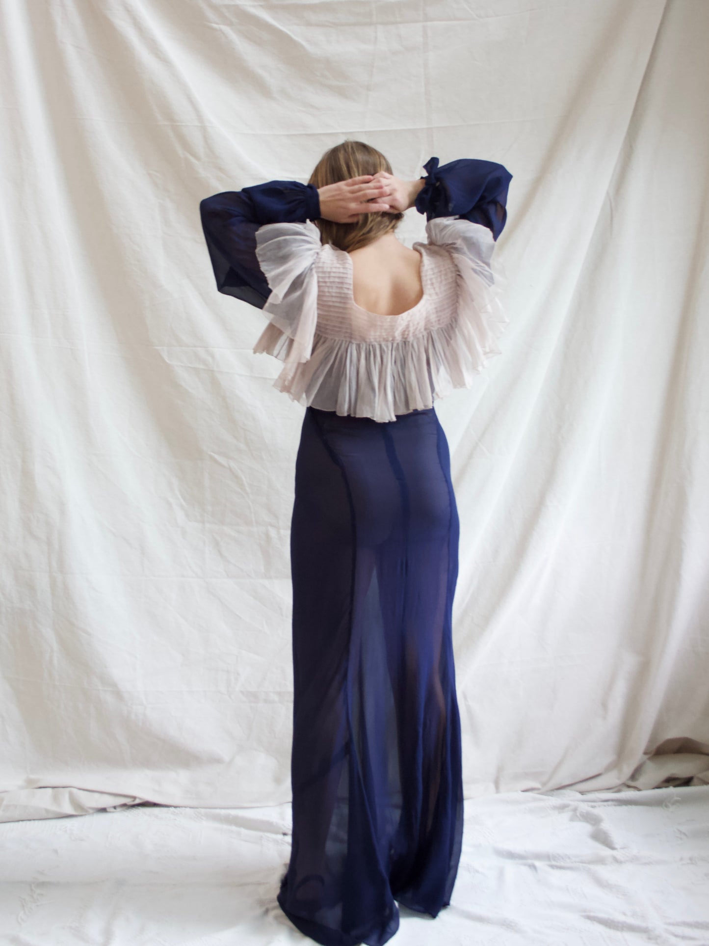 1930s Neckline Flounce Deep Navy Chiffon Bias Cut Bishop Sleeve Gown