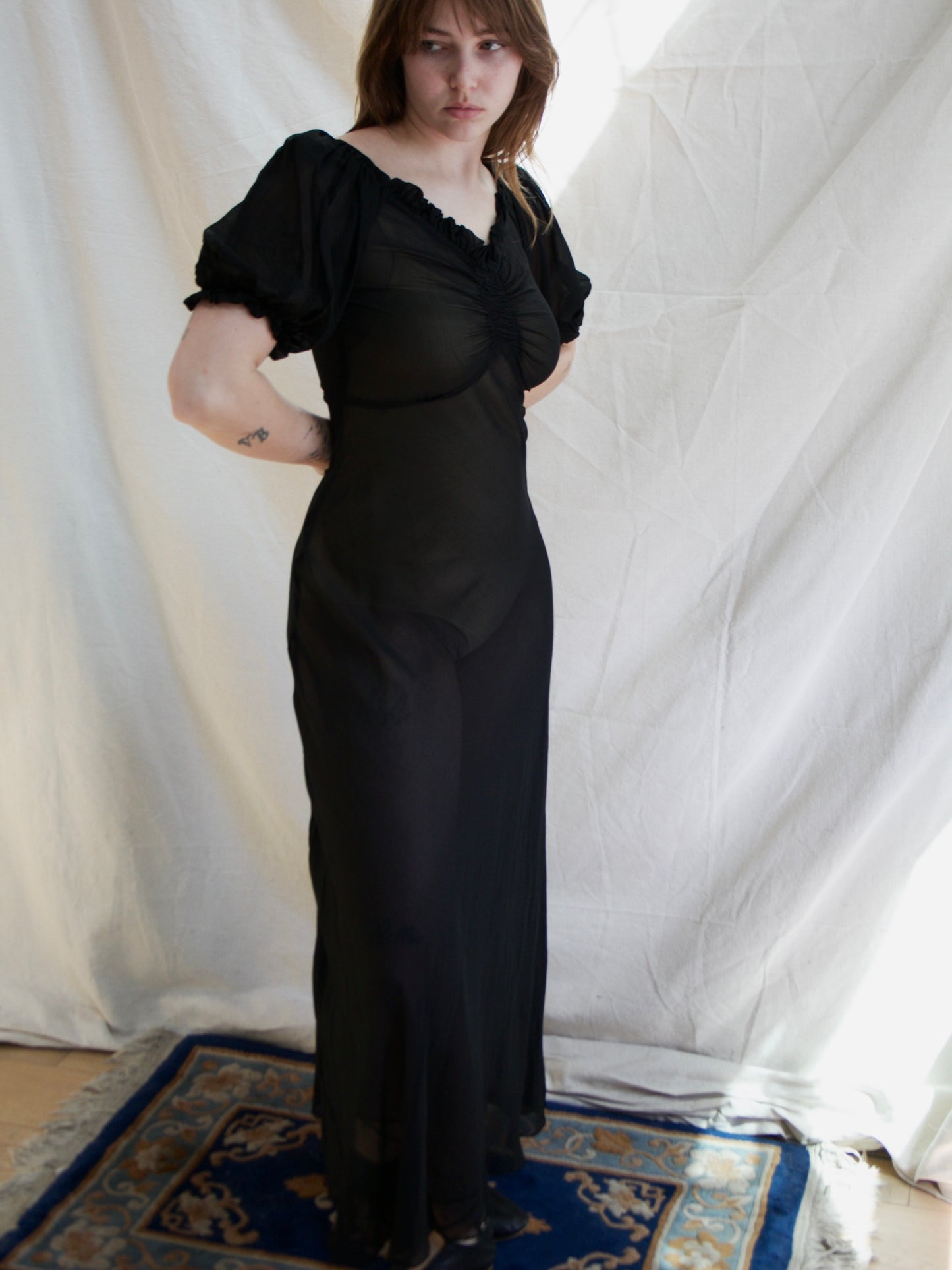 1930s Vampy Chiffon Bias Cut Puff Sleeve Dress