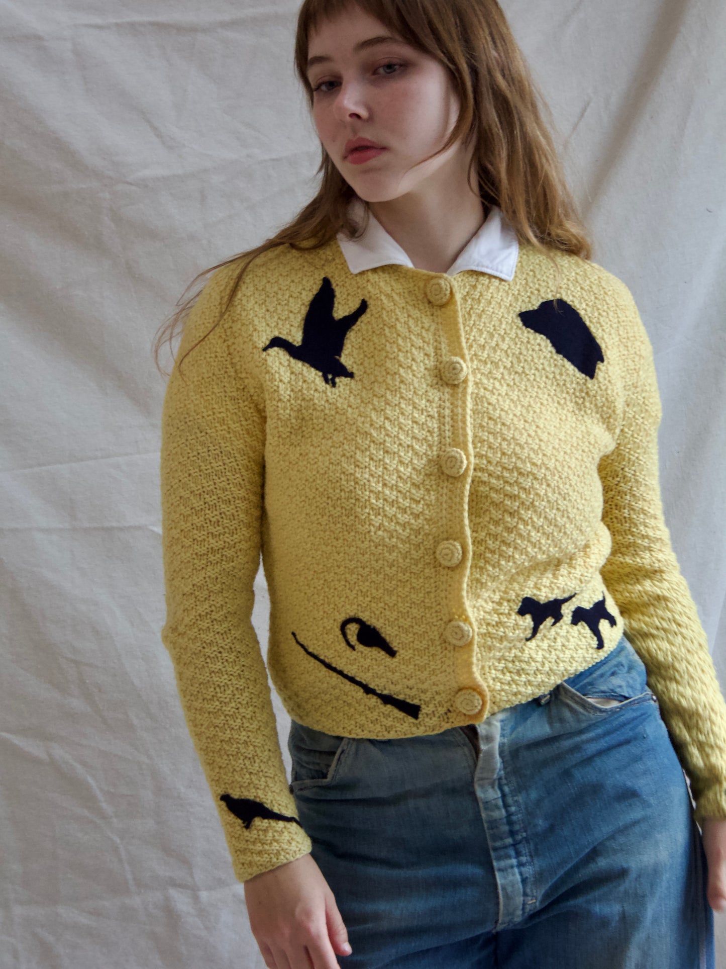 Special 1940s Wool Knit Hunting Theme Felt Appliqué Cardigan