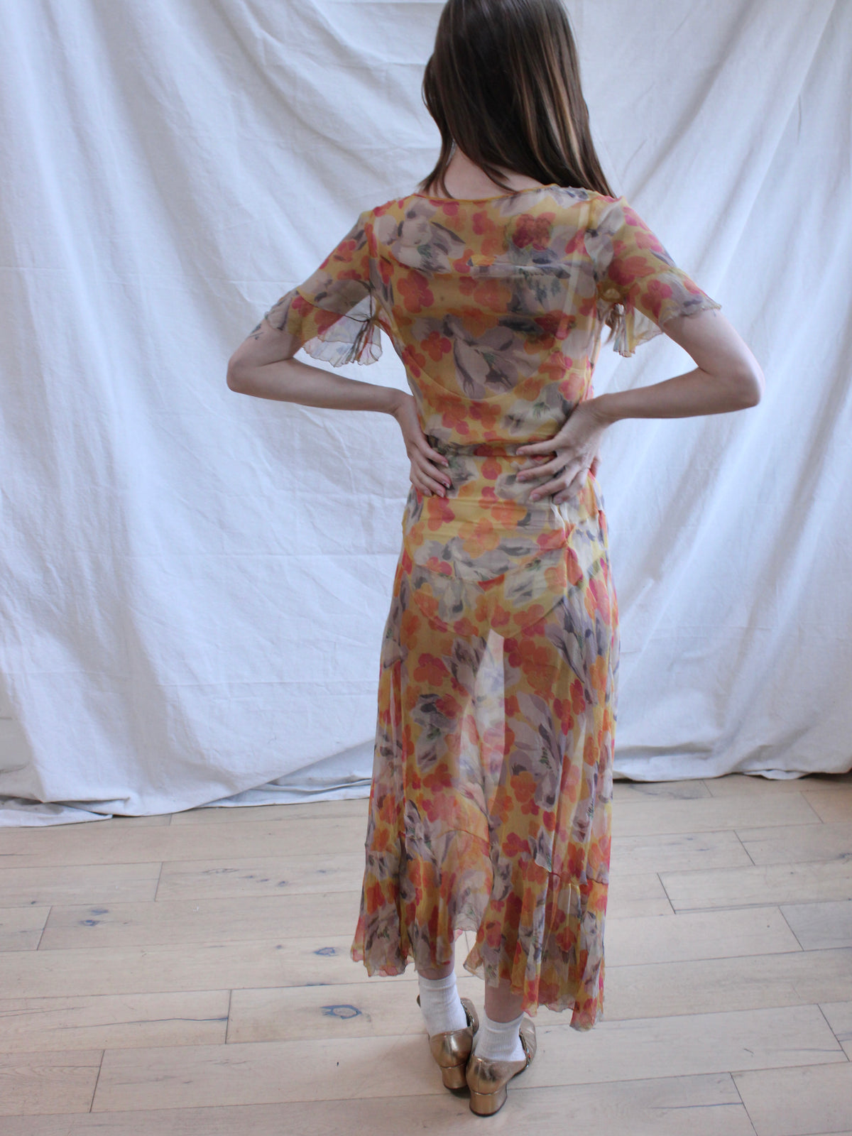 1930s Floral Chiffon Flutter Sleeve 2 PC Dress
